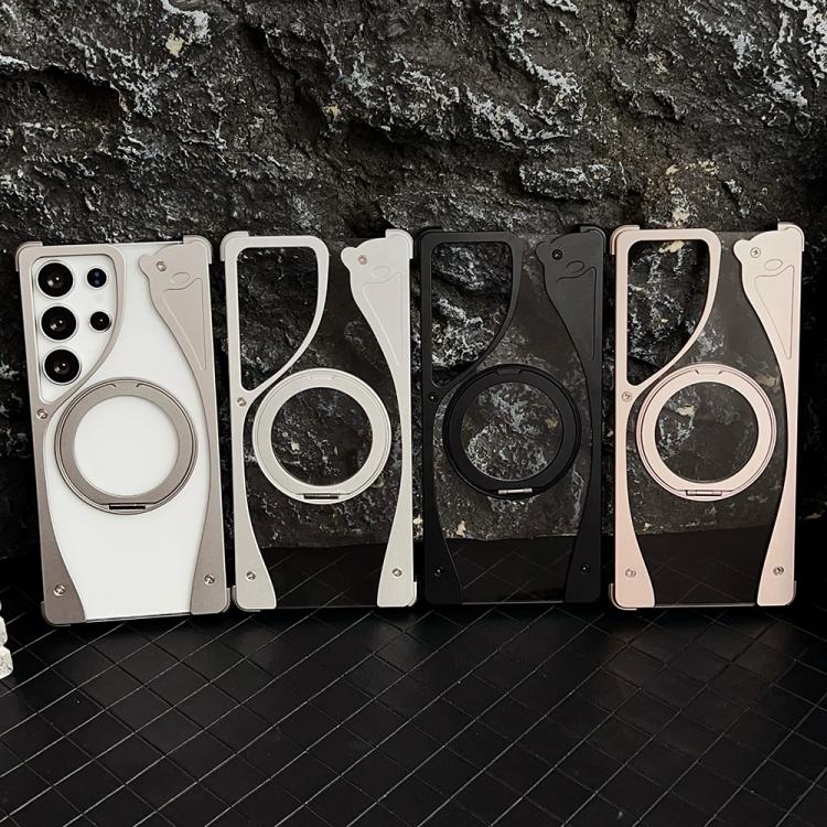 For Samsung Galaxy S25 Ultra 5G Metal Frameless 360 Degree Rotation Holder MagSafe Transparent Phone Case(Silver)