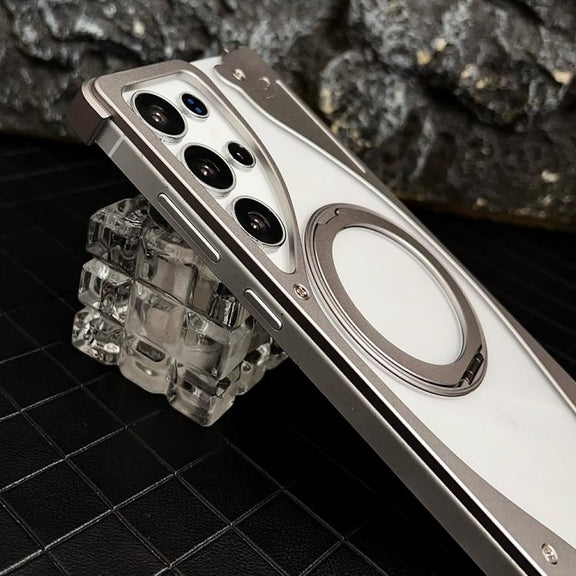 For Samsung Galaxy S24 Ultra 5G Metal Frameless 360 Degree Rotation Holder MagSafe Transparent Phone Case(Dessert Gold)