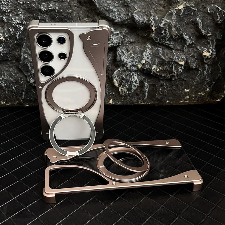 For Samsung Galaxy S25 Ultra 5G Metal Frameless 360 Degree Rotation Holder MagSafe Transparent Phone Case(Dessert Gold)