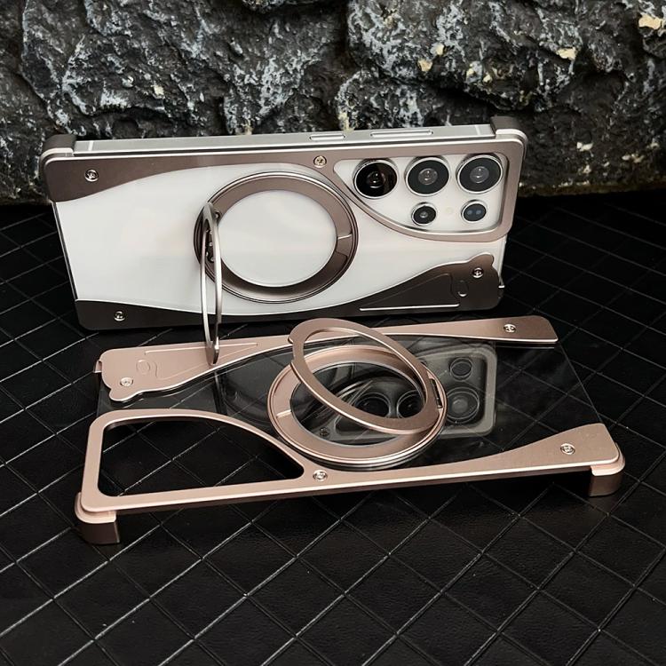 For Samsung Galaxy S24 Ultra 5G Metal Frameless 360 Degree Rotation Holder MagSafe Transparent Phone Case(Dessert Gold)
