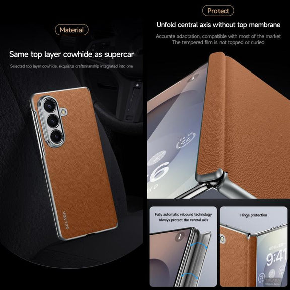 For Samsung Galaxy Z Fold7 5G SULADA Frameless Top Layer Cowhide Leather PC Phone Case(Blue)