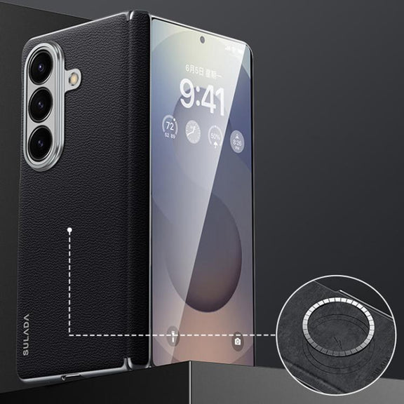 For Samsung Galaxy Z Fold7 5G SULADA Frameless Top Layer Cowhide Leather PC Phone Case(Black)