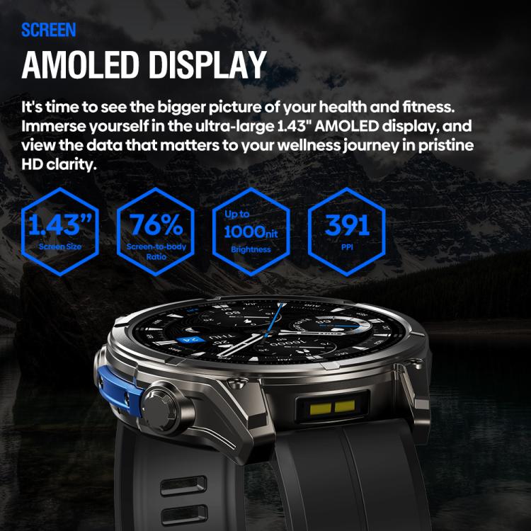 Zeblaze Vibe 8 Rugged Outdoor Smart Watch 1.43 inch Screen 5 ATM & IP69K Built-in Flashlight(Black)