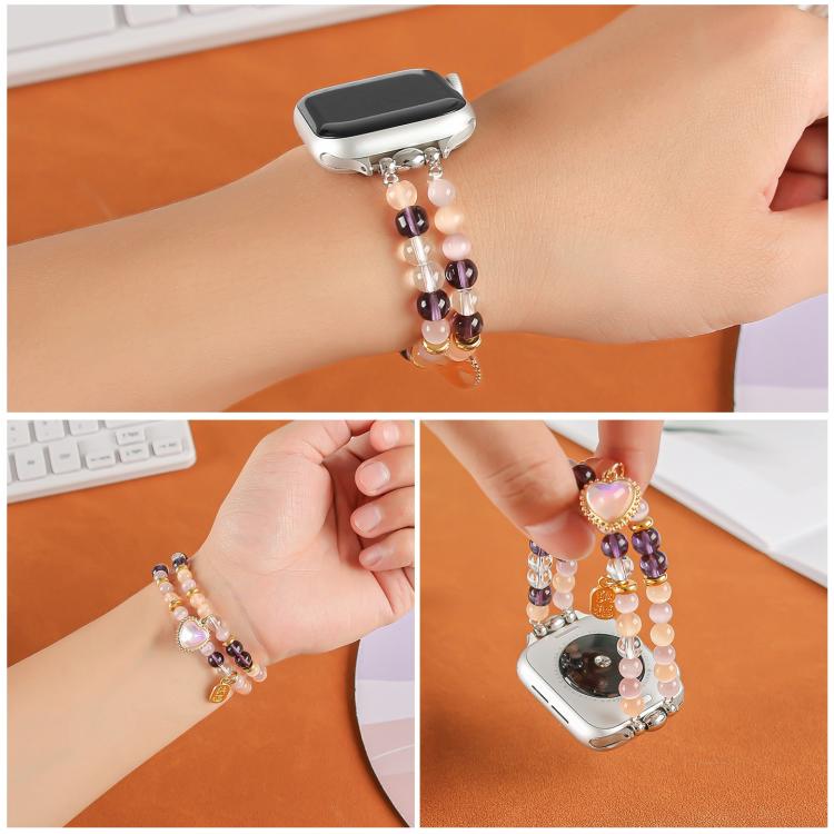 For Apple Watch 46mm / 49mm / 45mm / 44mm Cat Eyes Stone Beads Bracelet Watch Band(Heart Yellow)