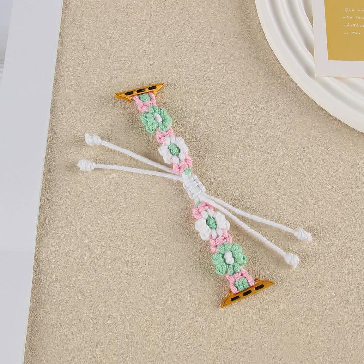 For Apple Watch 46mm / 49mm / 45mm / 44mm Hemp Rope Woven Flowers Drawstring Watch Band(Green White)