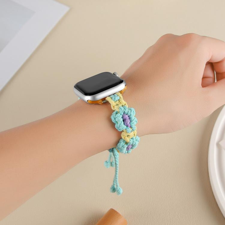 For Apple Watch 46mm / 49mm / 45mm / 44mm Hemp Rope Woven Flowers Drawstring Watch Band(Teal Green)