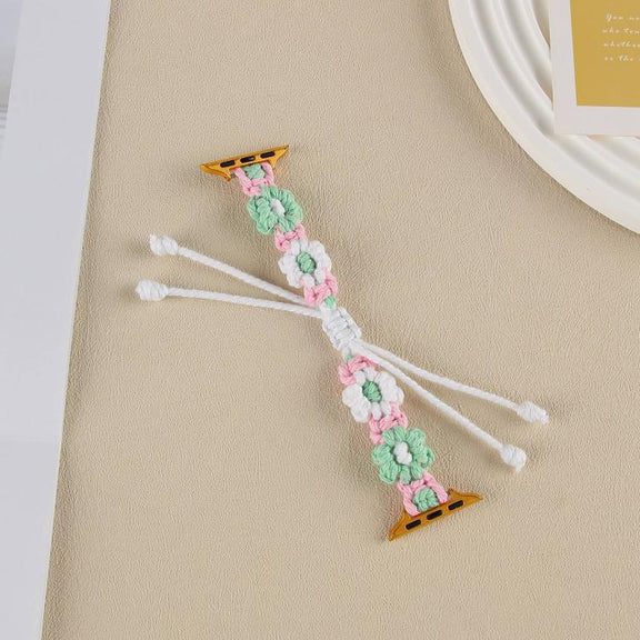 For Apple Watch 42mm / 41mm / 40mm / 38mm Hemp Rope Woven Flowers Drawstring Watch Band(Green White)