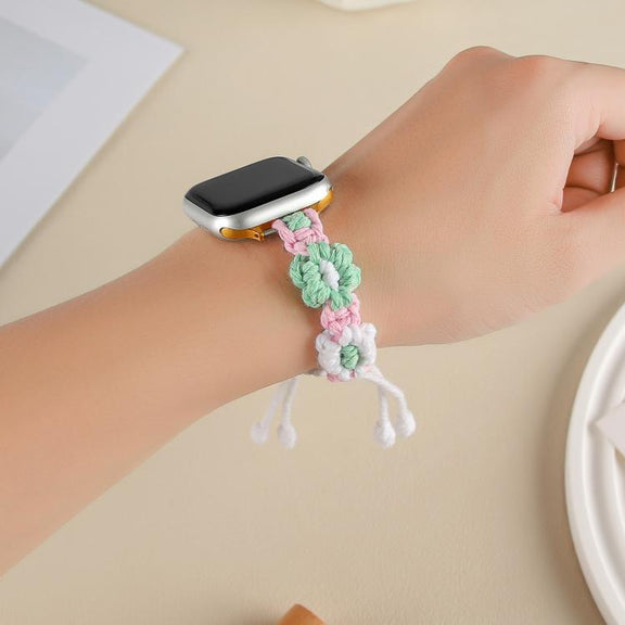 For Apple Watch 42mm / 41mm / 40mm / 38mm Hemp Rope Woven Flowers Drawstring Watch Band(Green White)