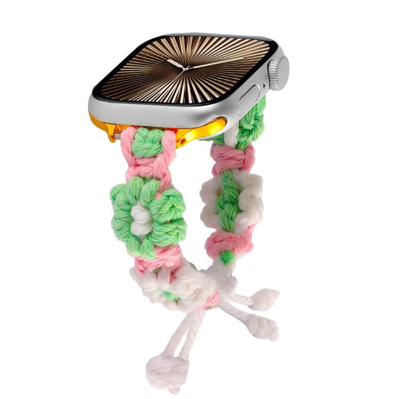 For Apple Watch 42mm / 41mm / 40mm / 38mm Hemp Rope Woven Flowers Drawstring Watch Band(Green White)