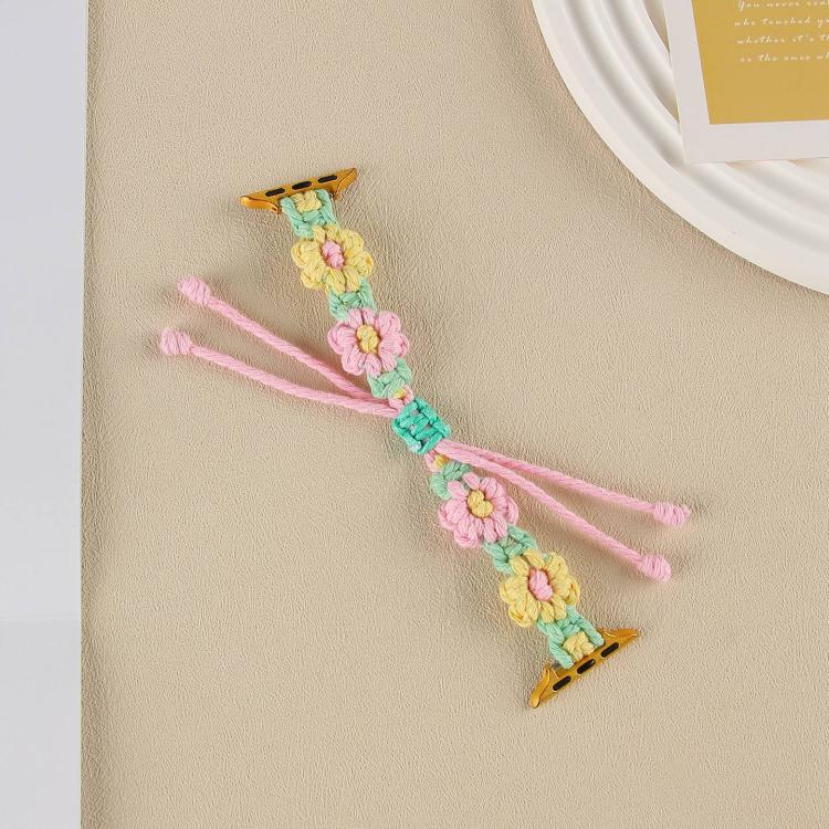 For Apple Watch 42mm / 41mm / 40mm / 38mm Hemp Rope Woven Flowers Drawstring Watch Band(Yellow Pink)