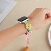 For Apple Watch 42mm / 41mm / 40mm / 38mm Hemp Rope Woven Flowers Drawstring Watch Band(Yellow Pink)