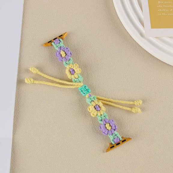 For Apple Watch 42mm / 41mm / 40mm / 38mm Hemp Rope Woven Flowers Drawstring Watch Band(Purple Yellow)