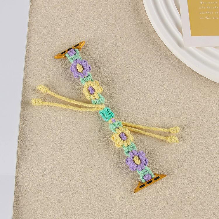For Apple Watch 42mm / 41mm / 40mm / 38mm Hemp Rope Woven Flowers Drawstring Watch Band(Purple Yellow)