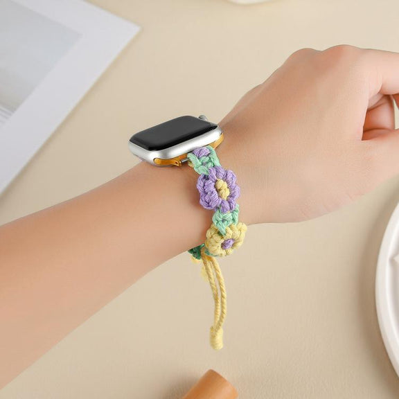 For Apple Watch 42mm / 41mm / 40mm / 38mm Hemp Rope Woven Flowers Drawstring Watch Band(Purple Yellow)