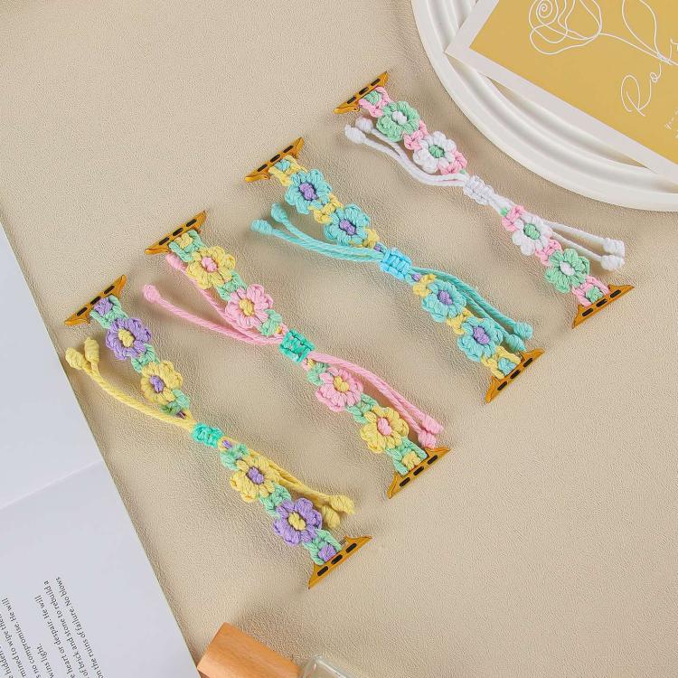 For Apple Watch 46mm / 49mm / 45mm / 44mm Hemp Rope Woven Flowers Drawstring Watch Band(Green White) - free shipping - PMC TechLife - Order now!