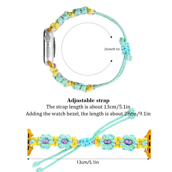 For Apple Watch 42mm / 41mm / 40mm / 38mm Hemp Rope Woven Flowers Drawstring Watch Band(Green White)