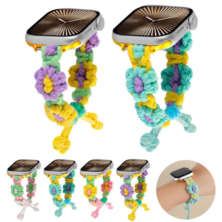 For Apple Watch 46mm / 49mm / 45mm / 44mm Hemp Rope Woven Flowers Drawstring Watch Band(Purple Yellow) - free shipping - PMC TechLife - Order now!