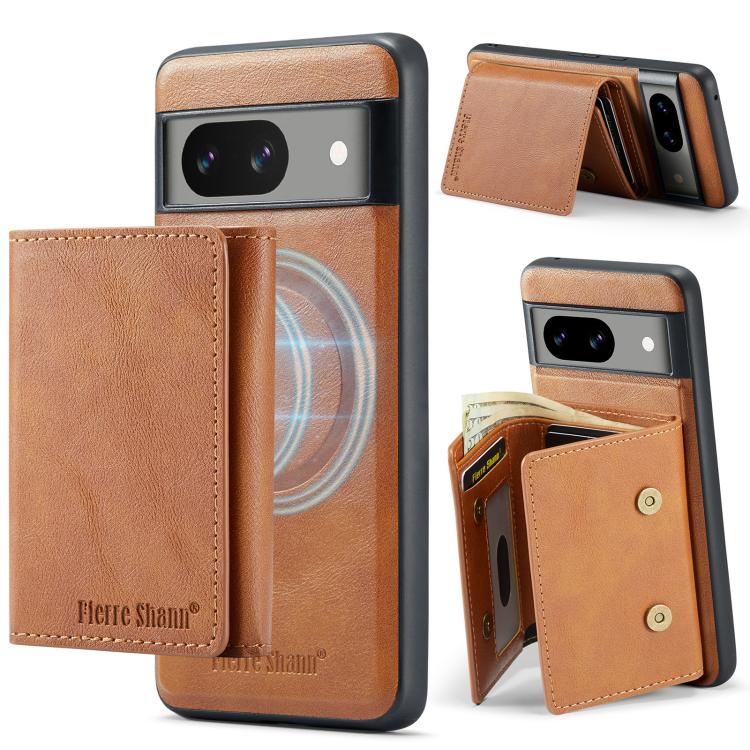 For Google Pixel 7 Fierre Shann 2 in 1 Holder RFID Card Slot Wallet MagSafe Phone Case(Dark Brown)