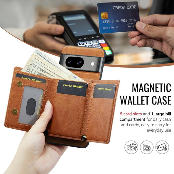 For Google Pixel 7 Fierre Shann 2 in 1 Holder RFID Card Slot Wallet MagSafe Phone Case(Dark Brown)