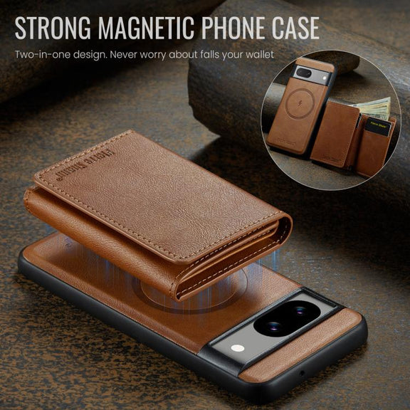 For Google Pixel 7 Fierre Shann 2 in 1 Holder RFID Card Slot Wallet MagSafe Phone Case(Dark Brown)