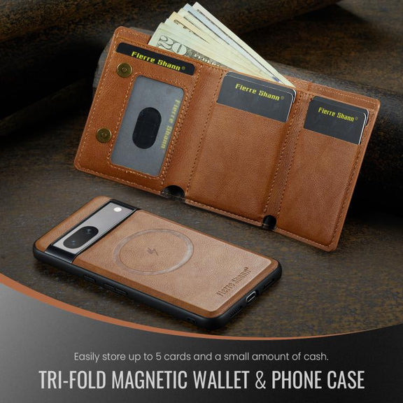 For Google Pixel 7 Fierre Shann 2 in 1 Holder RFID Card Slot Wallet MagSafe Phone Case(Dark Brown)