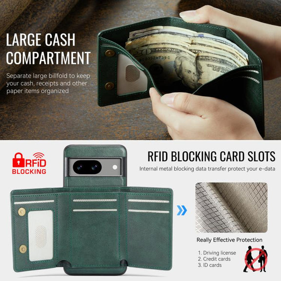 For Google Pixel 7 Fierre Shann 2 in 1 Holder RFID Card Slot Wallet MagSafe Phone Case(Green)