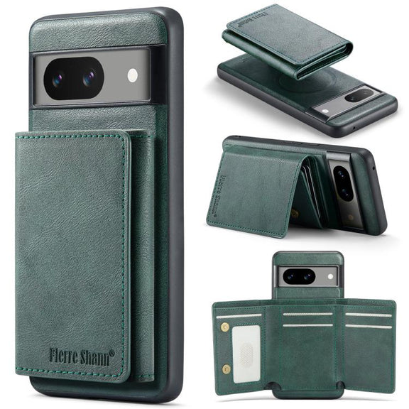 For Google Pixel 7 Fierre Shann 2 in 1 Holder RFID Card Slot Wallet MagSafe Phone Case(Green)