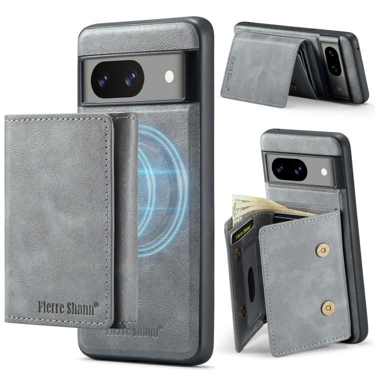 For Google Pixel 7 Fierre Shann 2 in 1 Holder RFID Card Slot Wallet MagSafe Phone Case(Grey)