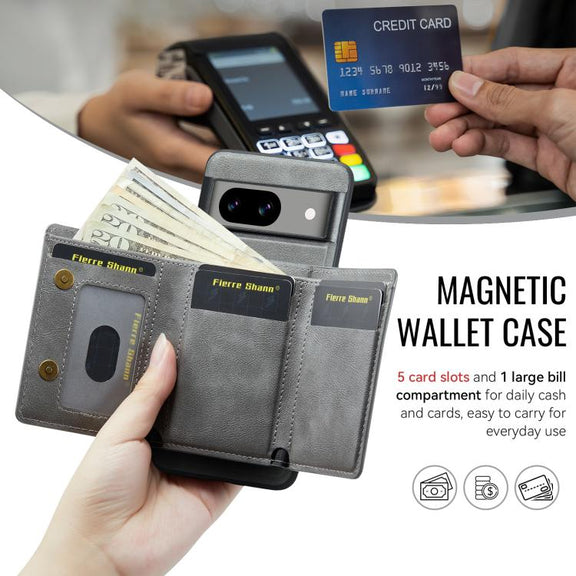 For Google Pixel 7 Fierre Shann 2 in 1 Holder RFID Card Slot Wallet MagSafe Phone Case(Grey)