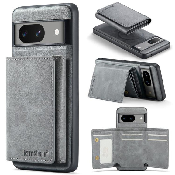 For Google Pixel 7 Fierre Shann 2 in 1 Holder RFID Card Slot Wallet MagSafe Phone Case(Grey)