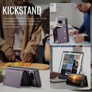For Google Pixel 7 Fierre Shann 2 in 1 Holder RFID Card Slot Wallet MagSafe Phone Case(Purple)