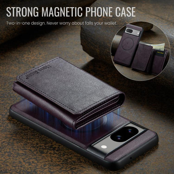 For Google Pixel 7 Fierre Shann 2 in 1 Holder RFID Card Slot Wallet MagSafe Phone Case(Purple)