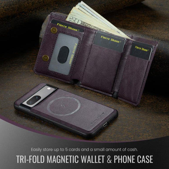 For Google Pixel 7 Fierre Shann 2 in 1 Holder RFID Card Slot Wallet MagSafe Phone Case(Purple)