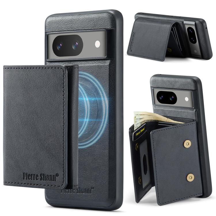 For Google Pixel 7a Fierre Shann 2 in 1 Holder RFID Card Slot Wallet MagSafe Phone Case(Black)