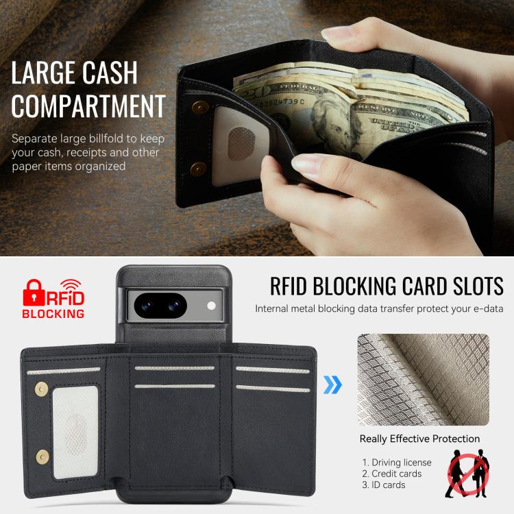 For Google Pixel 7a Fierre Shann 2 in 1 Holder RFID Card Slot Wallet MagSafe Phone Case(Black)