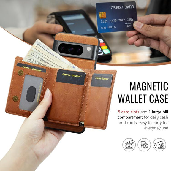 For Google Pixel 7 Pro Fierre Shann 2 in 1 Holder RFID Card Slot Wallet MagSafe Phone Case(Dark Brown)