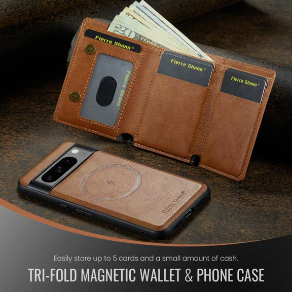 For Google Pixel 7 Pro Fierre Shann 2 in 1 Holder RFID Card Slot Wallet MagSafe Phone Case(Dark Brown)