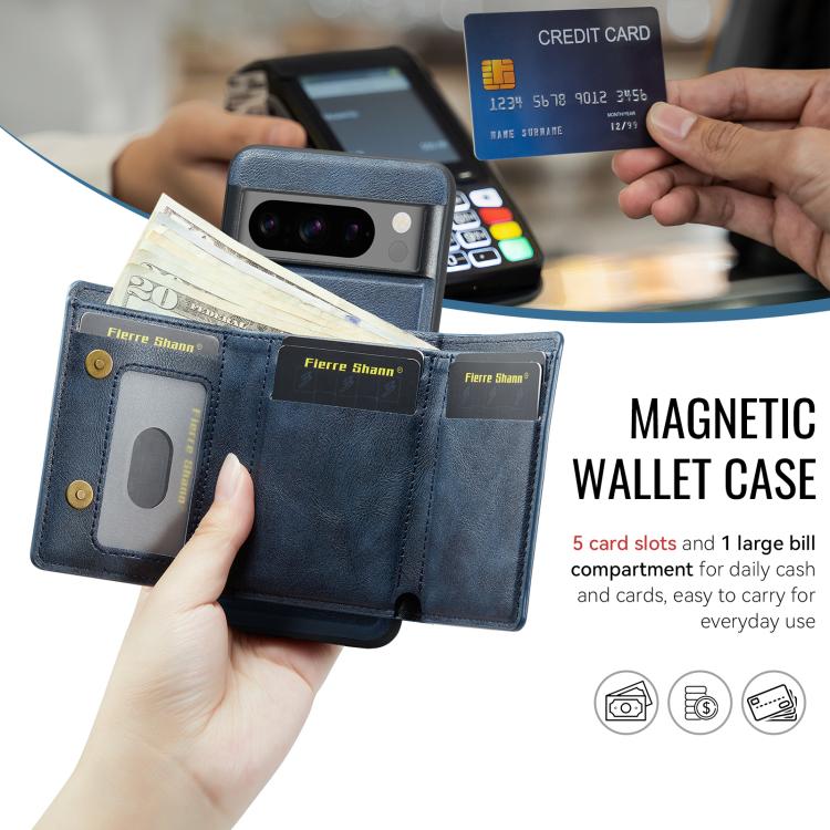 For Google Pixel 7 Pro Fierre Shann 2 in 1 Holder RFID Card Slot Wallet MagSafe Phone Case(Blue)