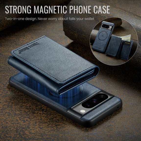 For Google Pixel 7 Pro Fierre Shann 2 in 1 Holder RFID Card Slot Wallet MagSafe Phone Case(Blue)