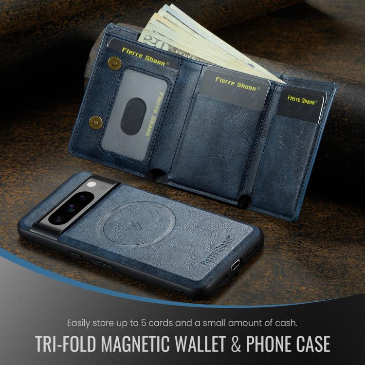 For Google Pixel 7 Pro Fierre Shann 2 in 1 Holder RFID Card Slot Wallet MagSafe Phone Case(Blue)