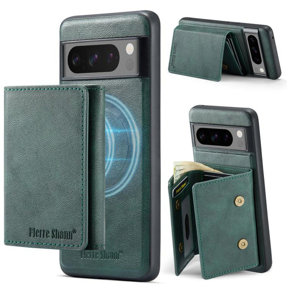 For Google Pixel 7 Pro Fierre Shann 2 in 1 Holder RFID Card Slot Wallet MagSafe Phone Case(Green)