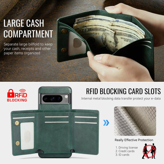 For Google Pixel 7 Pro Fierre Shann 2 in 1 Holder RFID Card Slot Wallet MagSafe Phone Case(Green)
