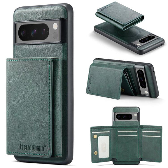 For Google Pixel 7 Pro Fierre Shann 2 in 1 Holder RFID Card Slot Wallet MagSafe Phone Case(Green)