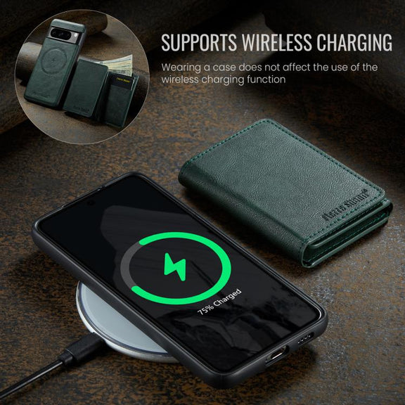 For Google Pixel 7 Pro Fierre Shann 2 in 1 Holder RFID Card Slot Wallet MagSafe Phone Case(Green)