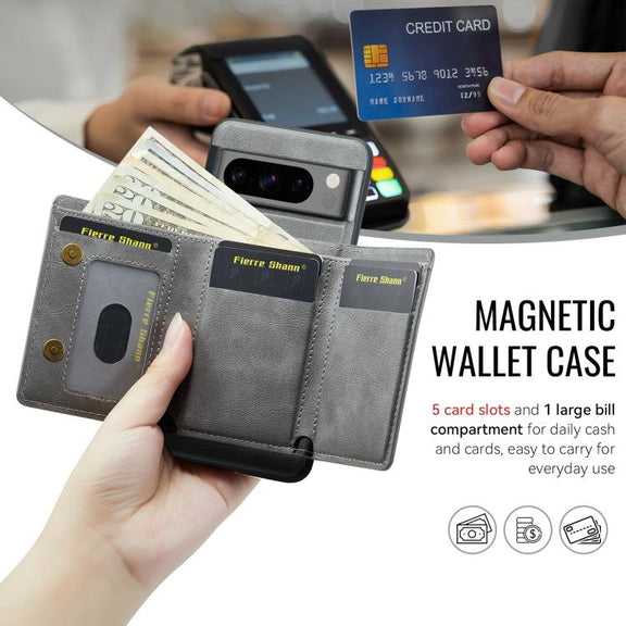 For Google Pixel 7 Pro Fierre Shann 2 in 1 Holder RFID Card Slot Wallet MagSafe Phone Case(Grey)