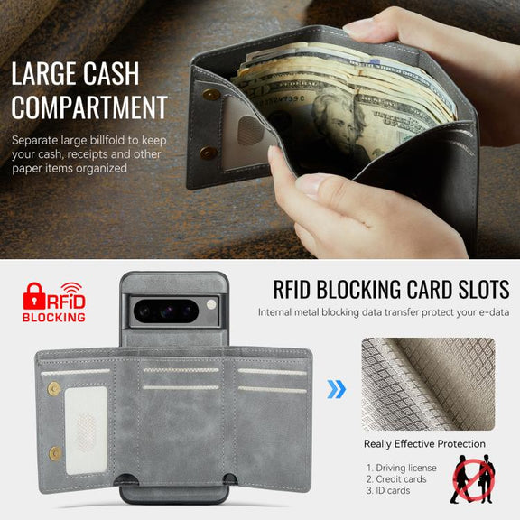 For Google Pixel 7 Pro Fierre Shann 2 in 1 Holder RFID Card Slot Wallet MagSafe Phone Case(Grey)