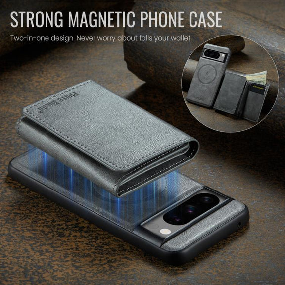 For Google Pixel 7 Pro Fierre Shann 2 in 1 Holder RFID Card Slot Wallet MagSafe Phone Case(Grey)
