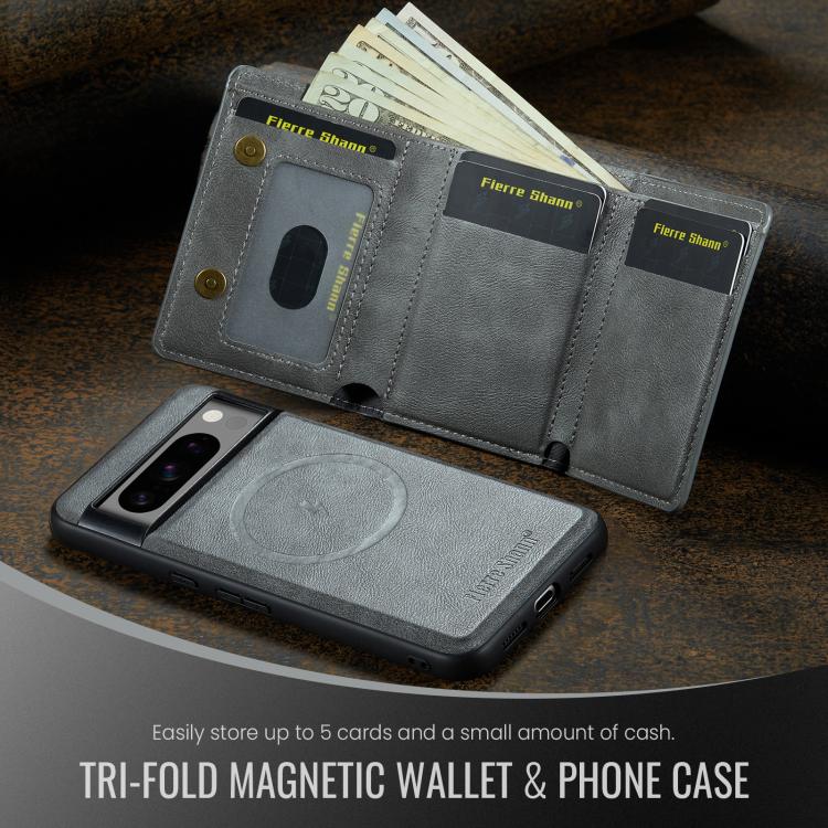 For Google Pixel 7 Pro Fierre Shann 2 in 1 Holder RFID Card Slot Wallet MagSafe Phone Case(Grey)