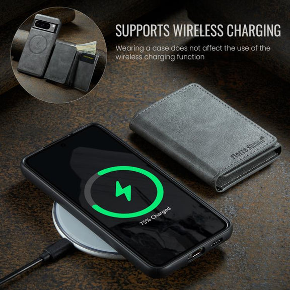 For Google Pixel 7 Pro Fierre Shann 2 in 1 Holder RFID Card Slot Wallet MagSafe Phone Case(Grey)