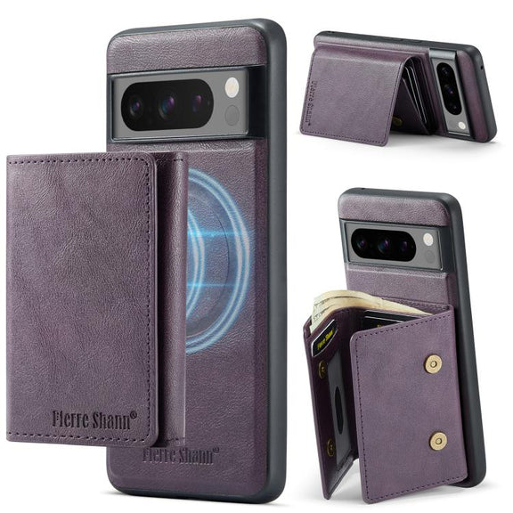 For Google Pixel 7 Pro Fierre Shann 2 in 1 Holder RFID Card Slot Wallet MagSafe Phone Case(Purple)